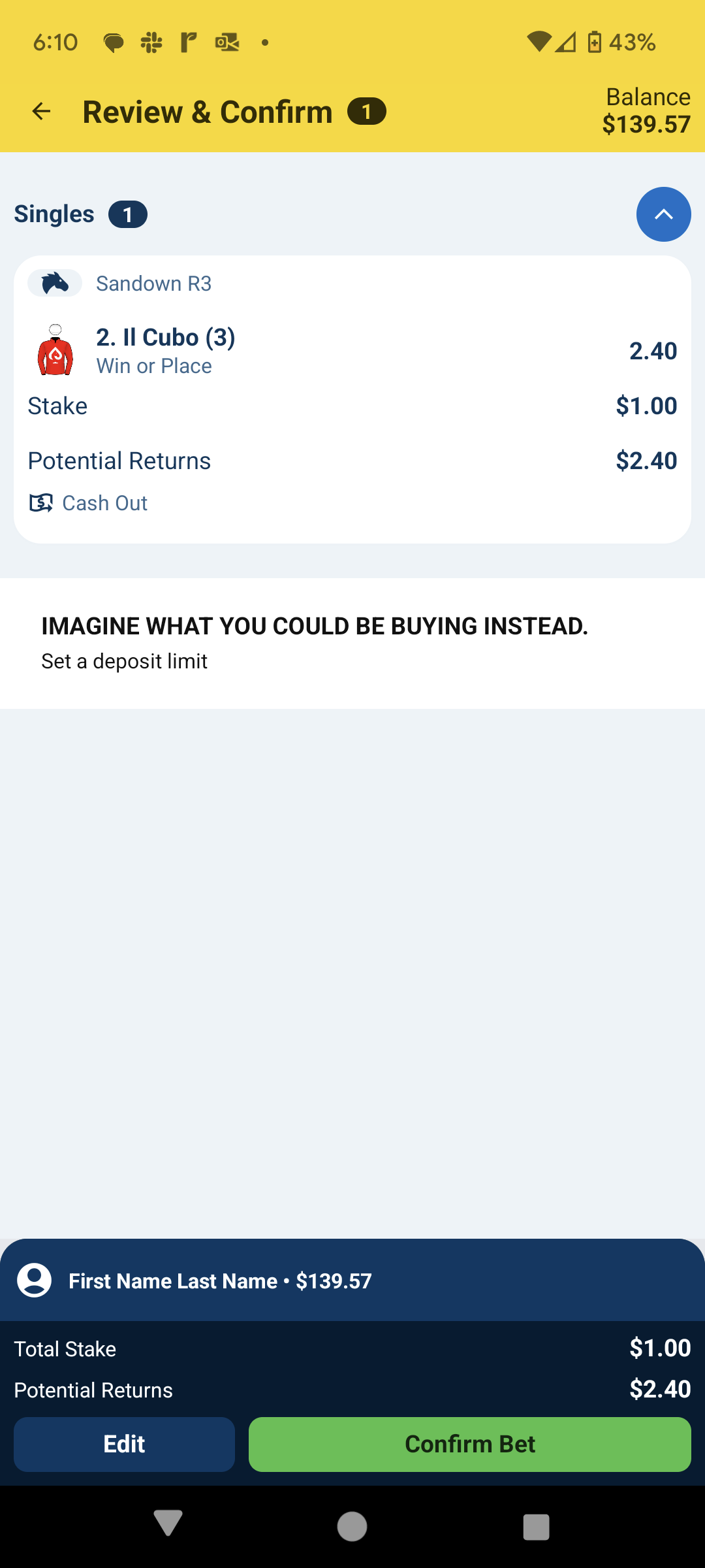 Racing Single Confirm.