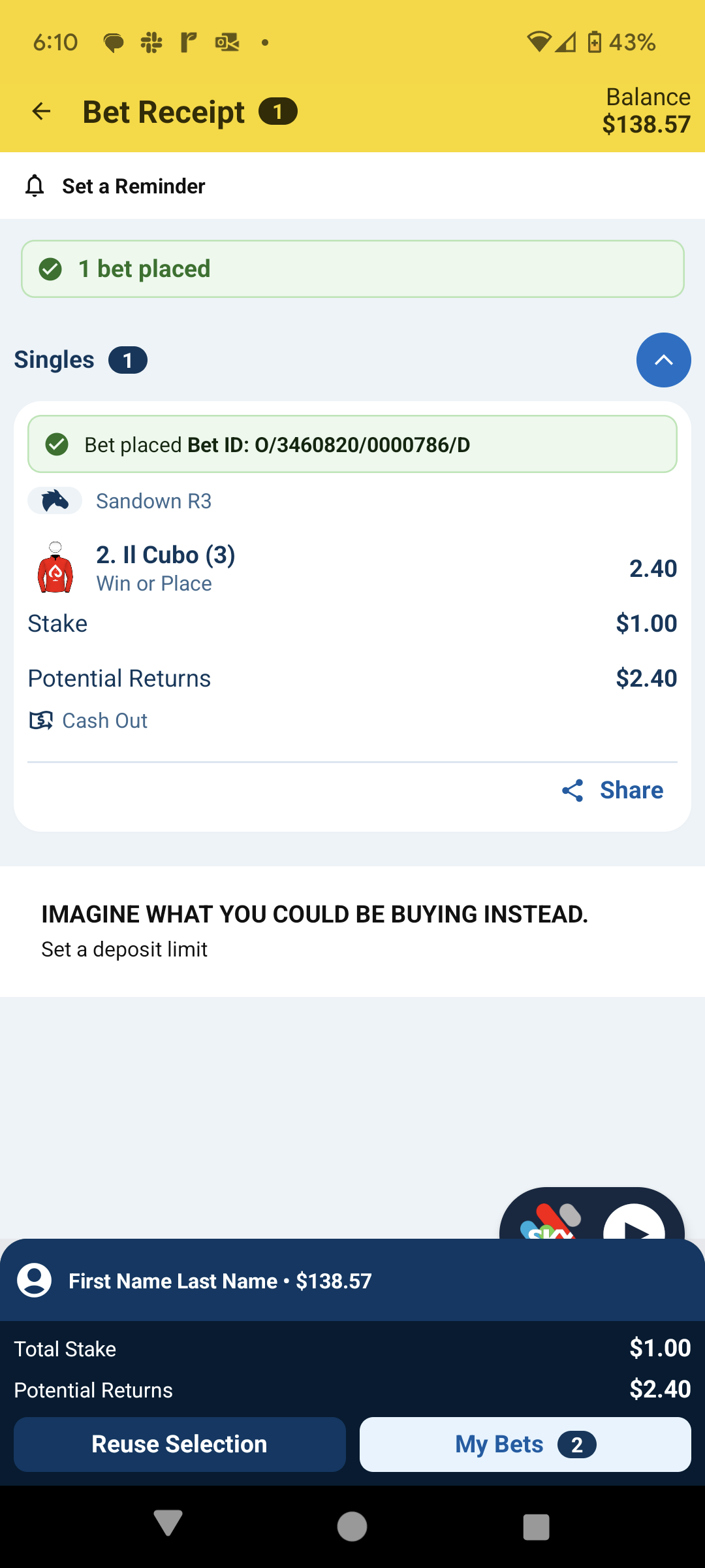 Racing Single Win Confirmed.